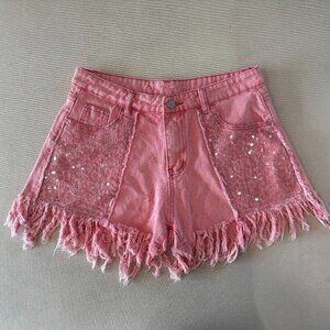 Pink Sequin Fringe Denim Shorts